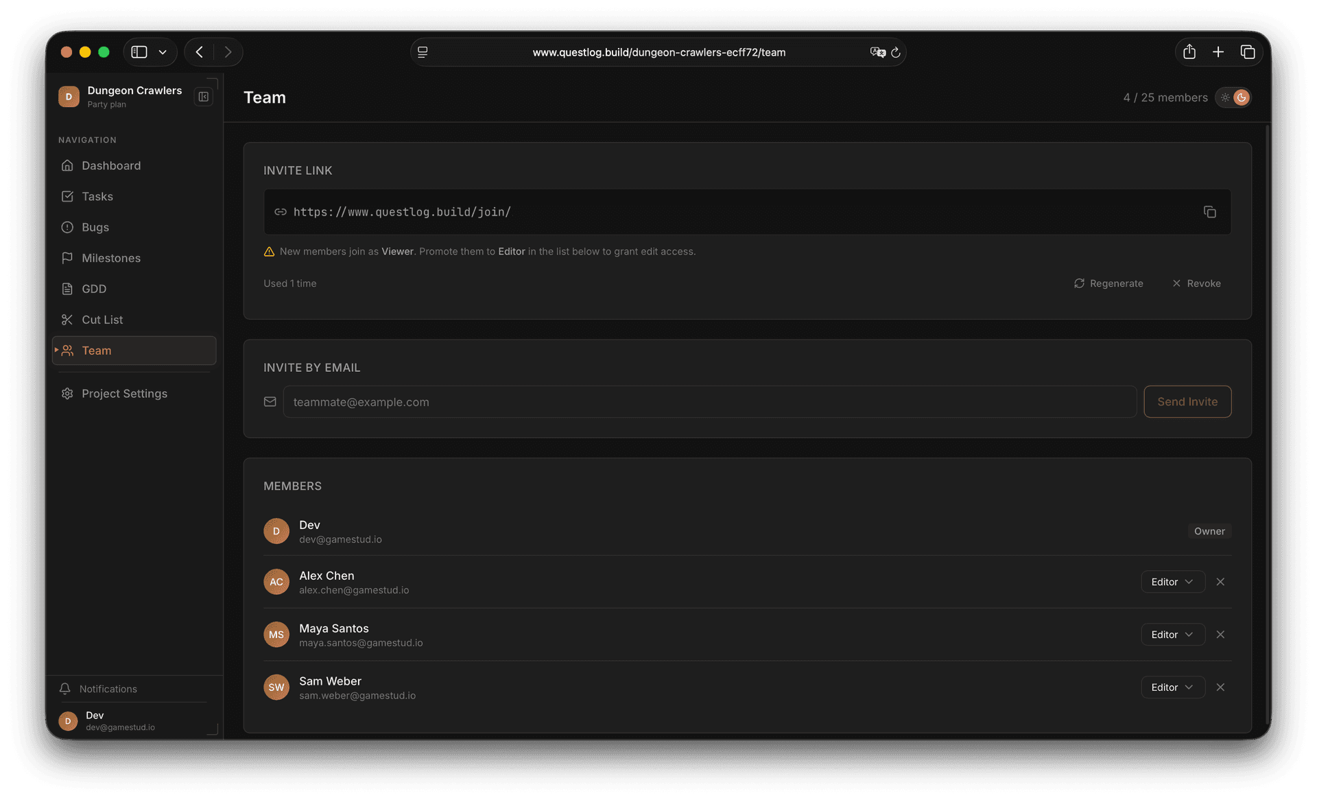 Team management page with invite link and member roles